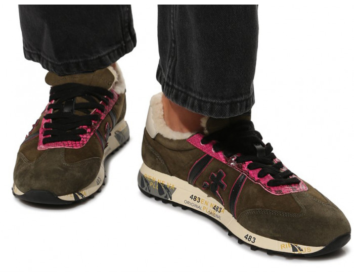 Кроссовки Premiata Lucy-D Хаки с розовым женские с мехом